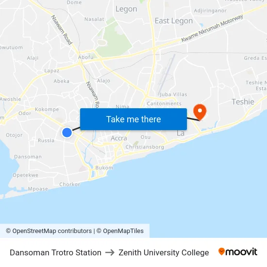 Dansoman Trotro Station to Zenith University College map