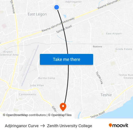 Adjiringanor Curve to Zenith University College map