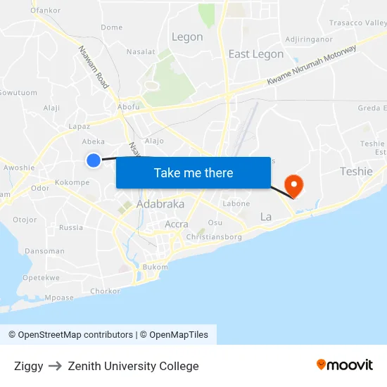 Ziggy to Zenith University College map