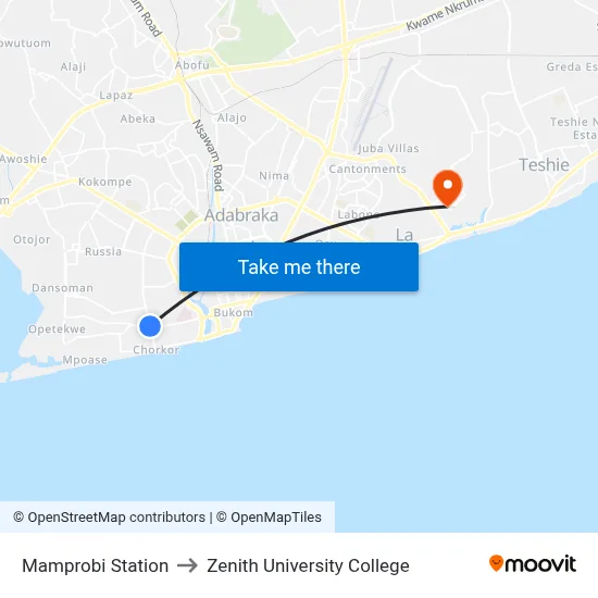 Mamprobi Station to Zenith University College map