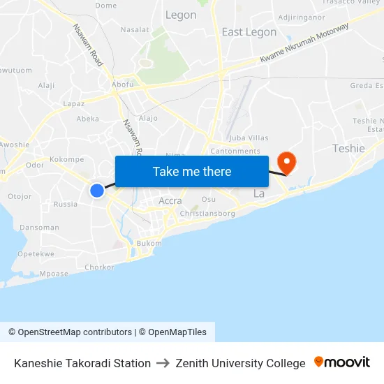 Kaneshie Takoradi Station to Zenith University College map
