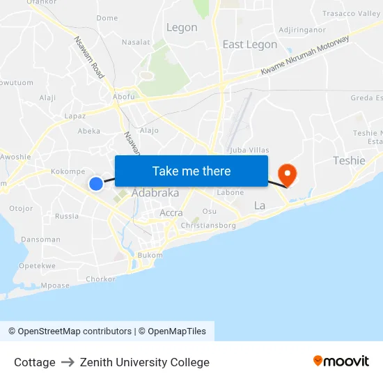 Cottage to Zenith University College map