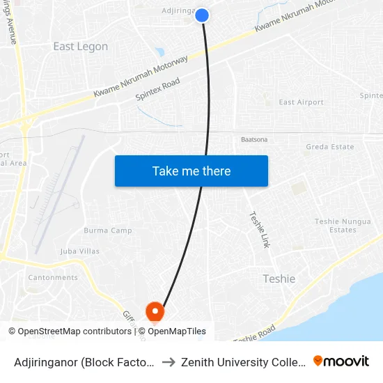 Adjiringanor (Block Factory) to Zenith University College map