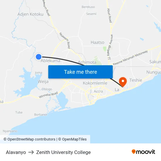 Alavanyo to Zenith University College map