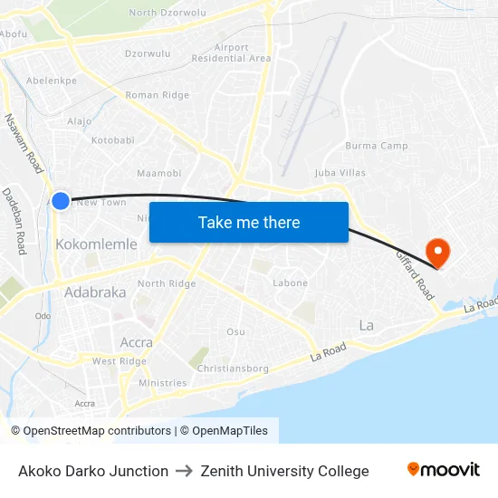 Akoko Darko Junction to Zenith University College map
