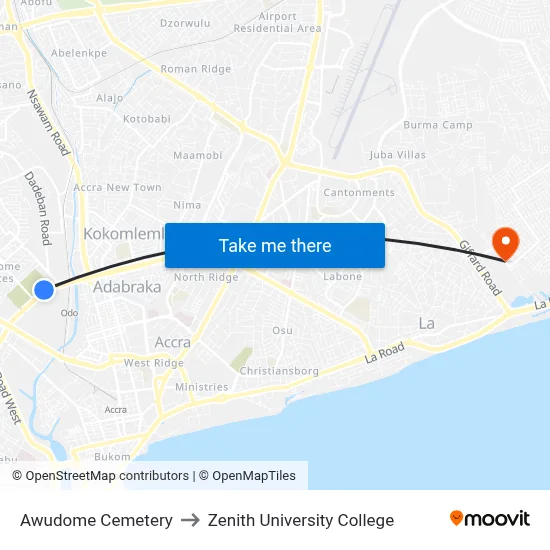 Awudome Cemetery to Zenith University College map