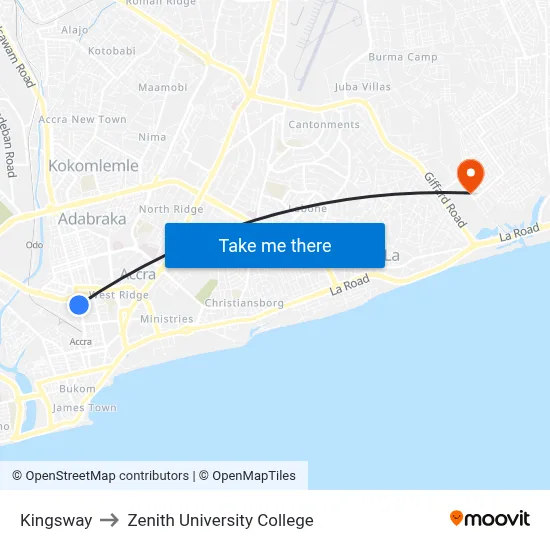 Kingsway to Zenith University College map