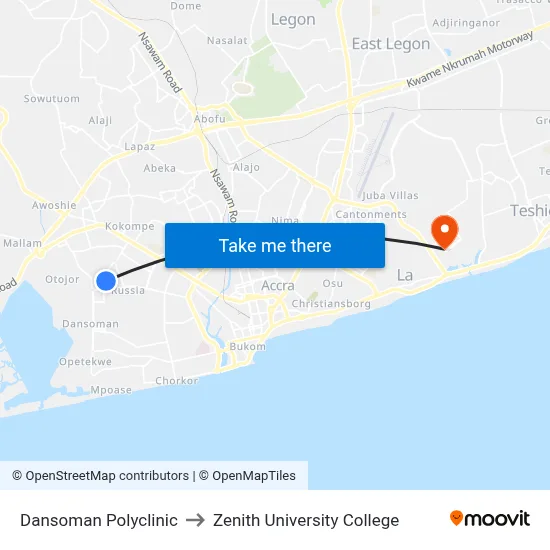 Dansoman Polyclinic to Zenith University College map