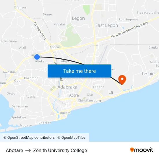 Abotare to Zenith University College map