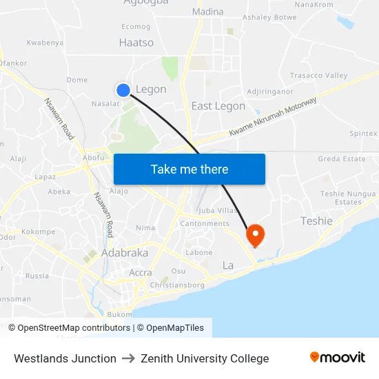 Westlands Junction to Zenith University College map
