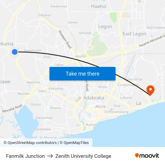 Fanmilk Junction to Zenith University College map