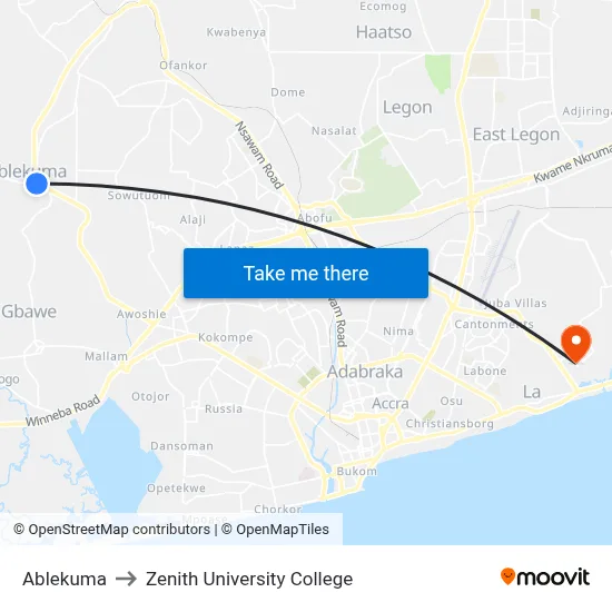 Ablekuma to Zenith University College map