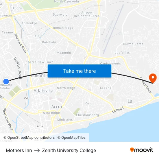 Mothers Inn to Zenith University College map