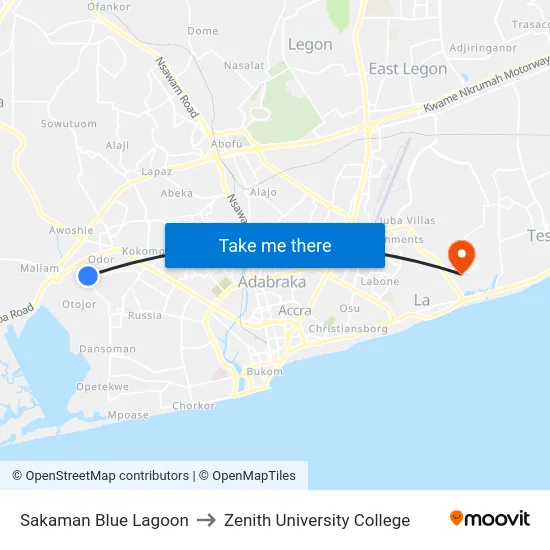 Sakaman Blue Lagoon to Zenith University College map