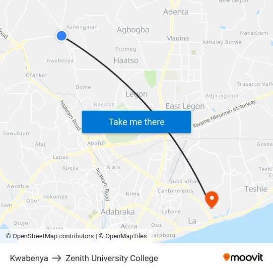 Kwabenya to Zenith University College map