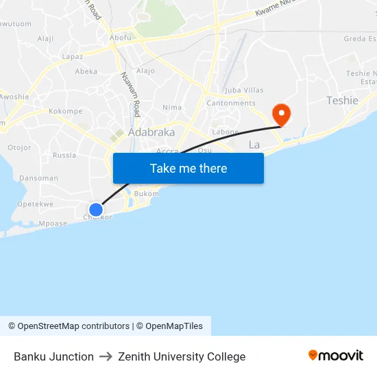 Banku Junction to Zenith University College map