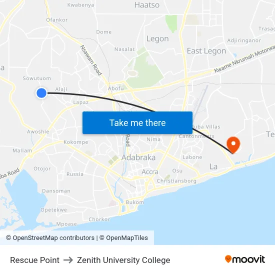 Rescue Point to Zenith University College map