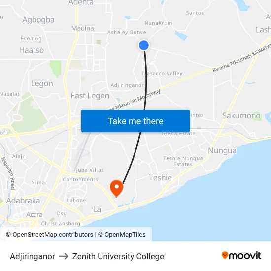 Adjiringanor to Zenith University College map