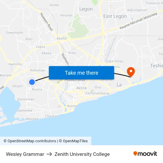 Wesley Grammar to Zenith University College map