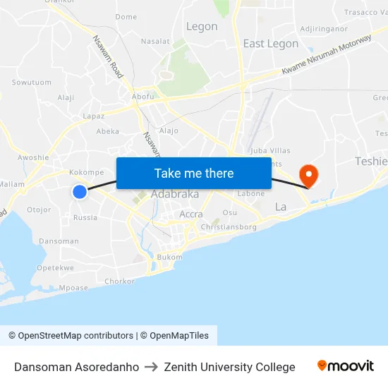 Dansoman Asoredanho to Zenith University College map