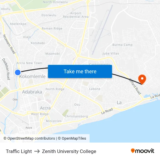 Traffic Light to Zenith University College map