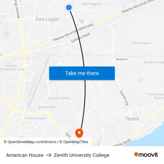 American House to Zenith University College map