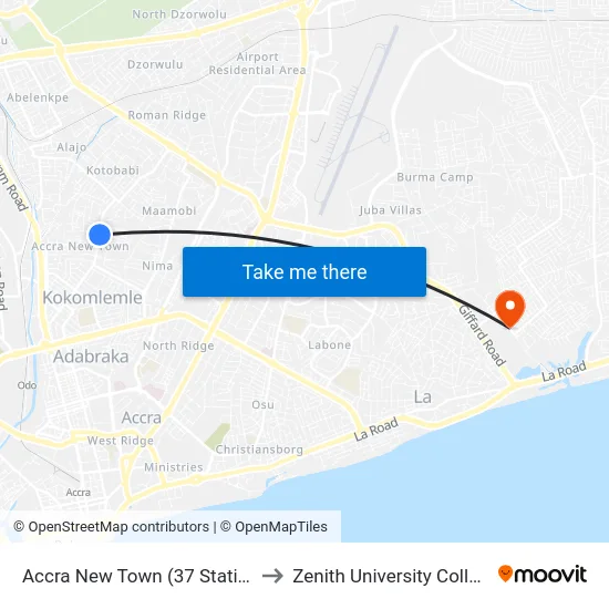 Accra New Town (37 Station) to Zenith University College map