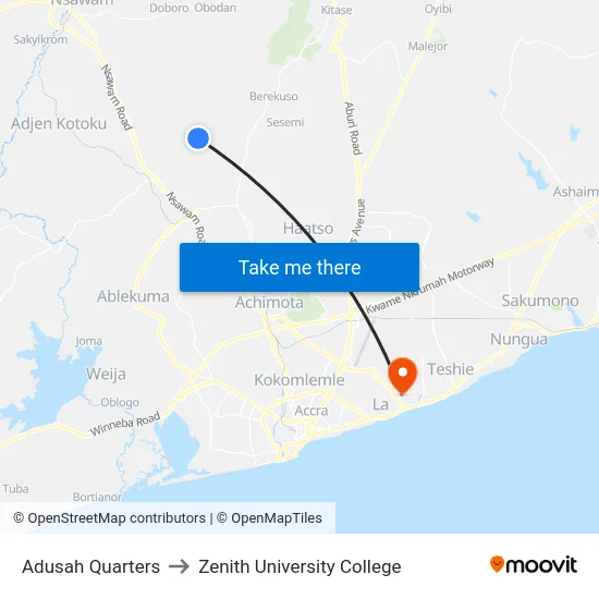 Adusah Quarters to Zenith University College map