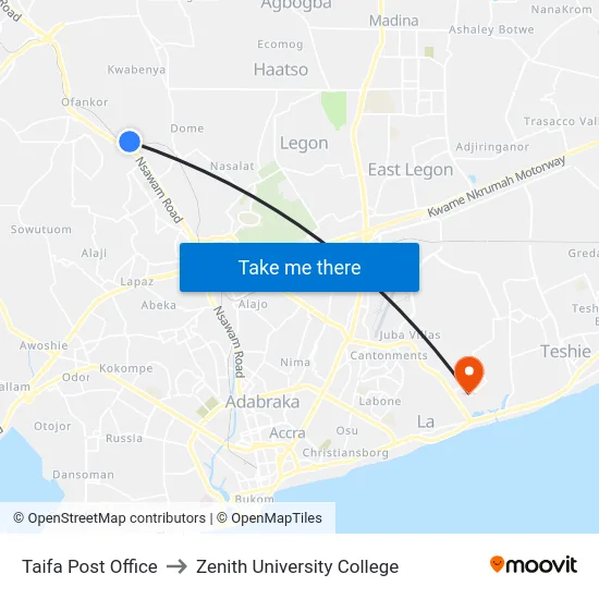Taifa Post Office to Zenith University College map