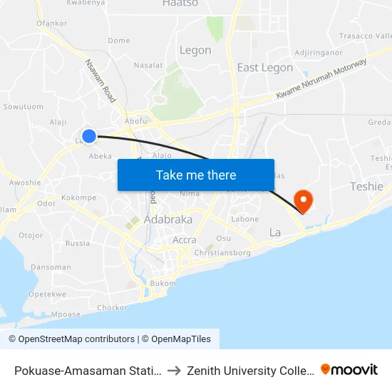 Pokuase-Amasaman Station to Zenith University College map
