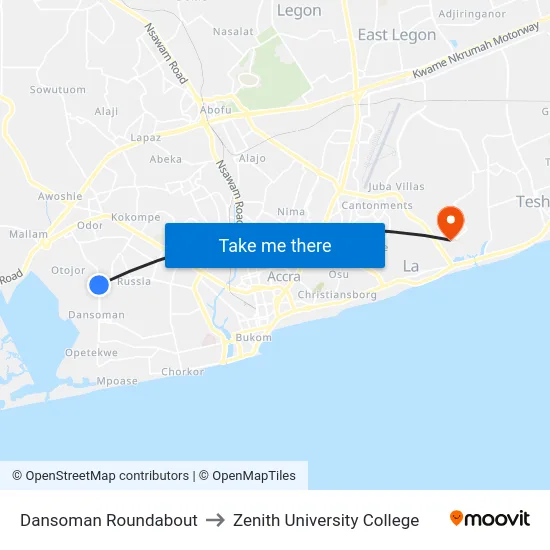 Dansoman Roundabout to Zenith University College map