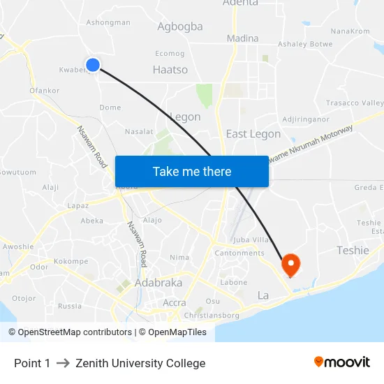 Point 1 to Zenith University College map