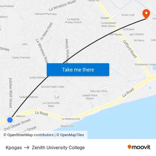 Kpogas to Zenith University College map