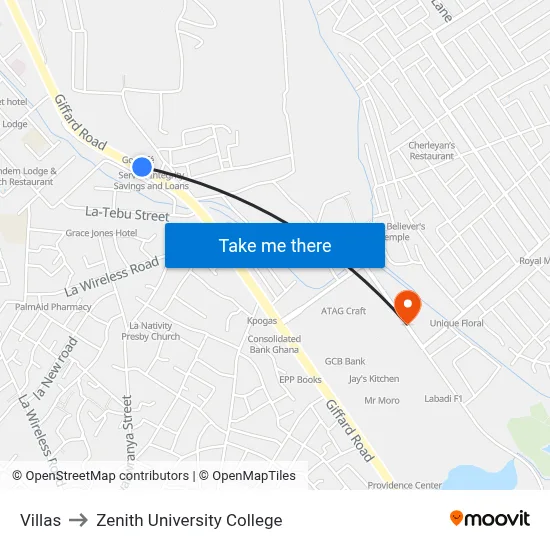 Villas to Zenith University College map