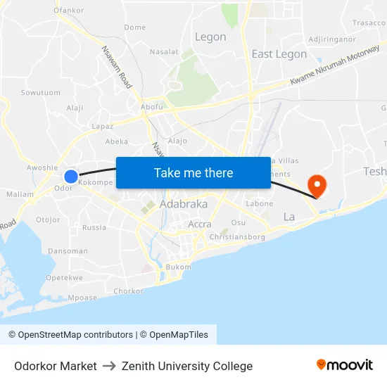 Odorkor Market to Zenith University College map