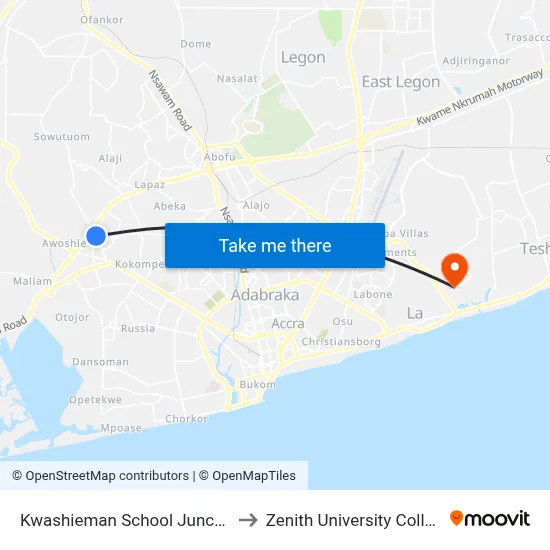 Kwashieman School Junction to Zenith University College map