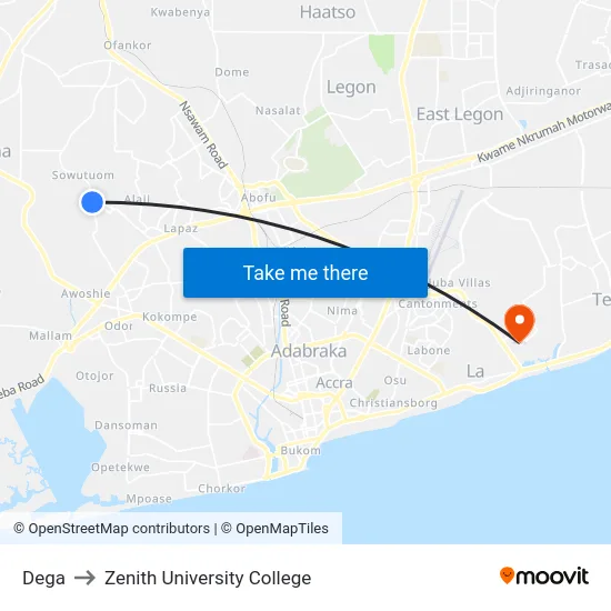Dega to Zenith University College map