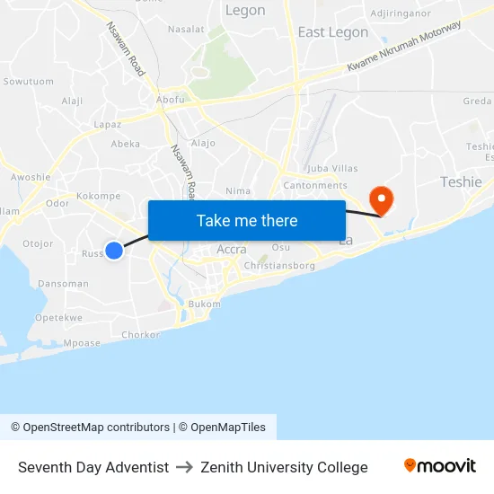 Seventh Day Adventist to Zenith University College map