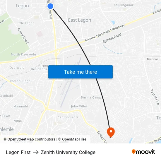 Legon First to Zenith University College map