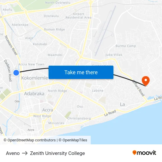 Aveno to Zenith University College map