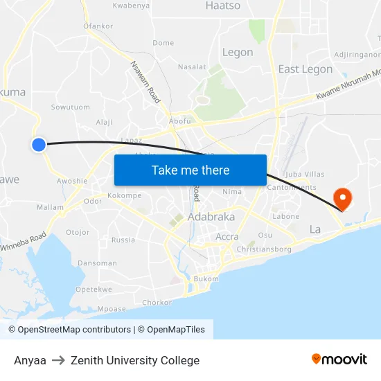 Anyaa to Zenith University College map