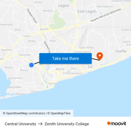 Central University to Zenith University College map
