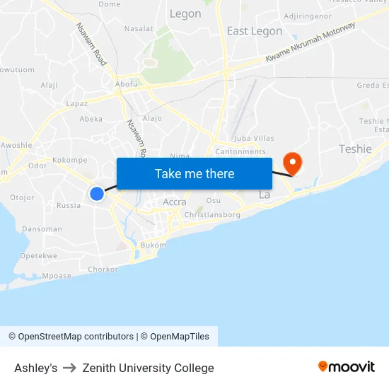 Ashley's to Zenith University College map