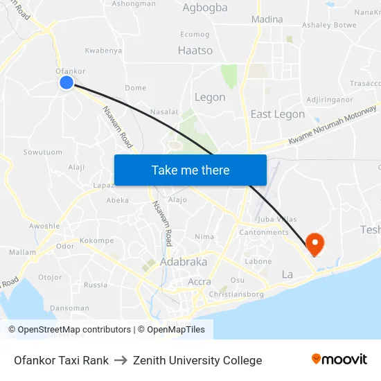 Ofankor Taxi Rank to Zenith University College map