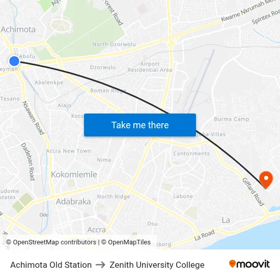 Achimota Old Station to Zenith University College map