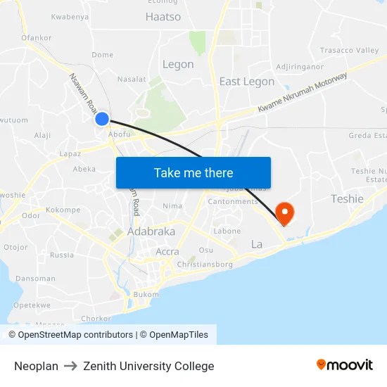 Neoplan to Zenith University College map