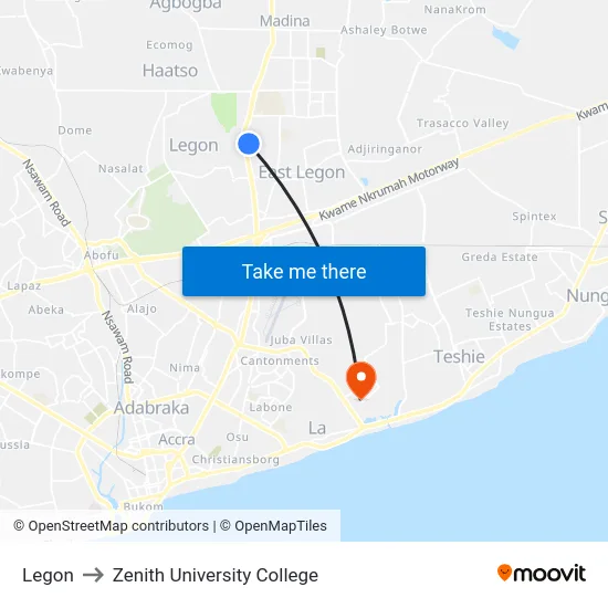 Legon to Zenith University College map