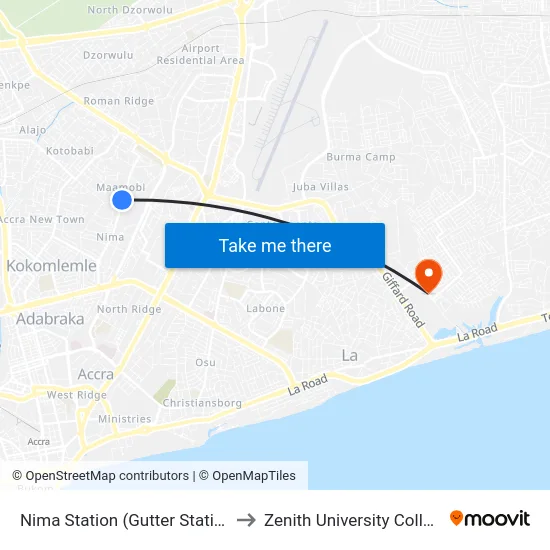 Nima Station (Gutter Station) to Zenith University College map