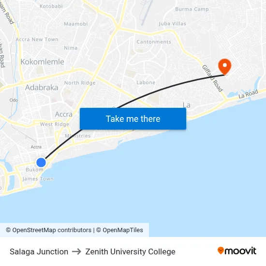 Salaga Junction to Zenith University College map