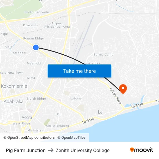 Pig Farm Junction to Zenith University College map